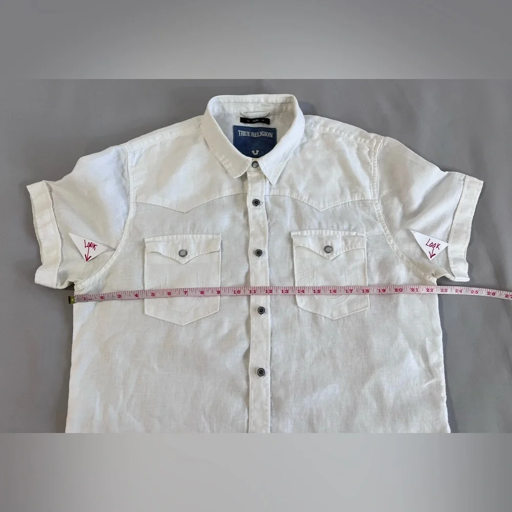 TRUE RELIGION Shirt Men L 100% Linen Button up‎ Slim Western Short Sleeve White